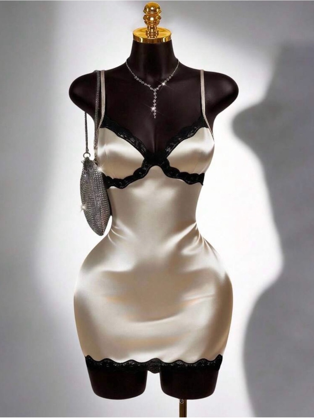 Cream Satin Chemise with Black Lace Trim